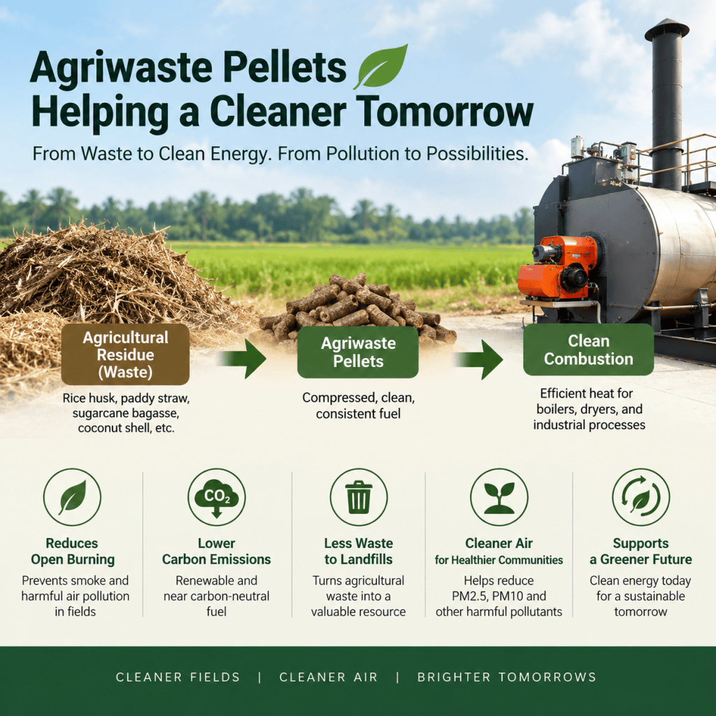 Infographic about Agriwaste Pellets promoting clean energy from agricultural waste, featuring images of agricultural residues, pellets, and a combustion machine, with benefit highlights such as reduced emissions and cleaner air.